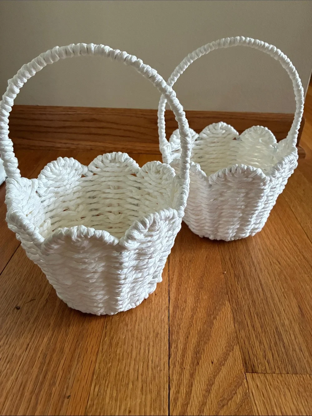Woven White Decorative Flower Girl Basket with Handle - Set of 2